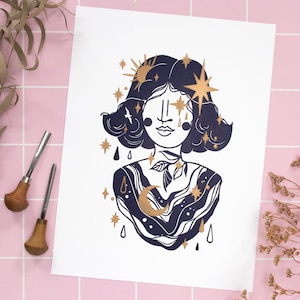 Colorido Lino impresión Tarot Star Lady Retrato, carta de tarot Linograbado impresa a mano, tarjeta de arte Lino original leyendo arcanos