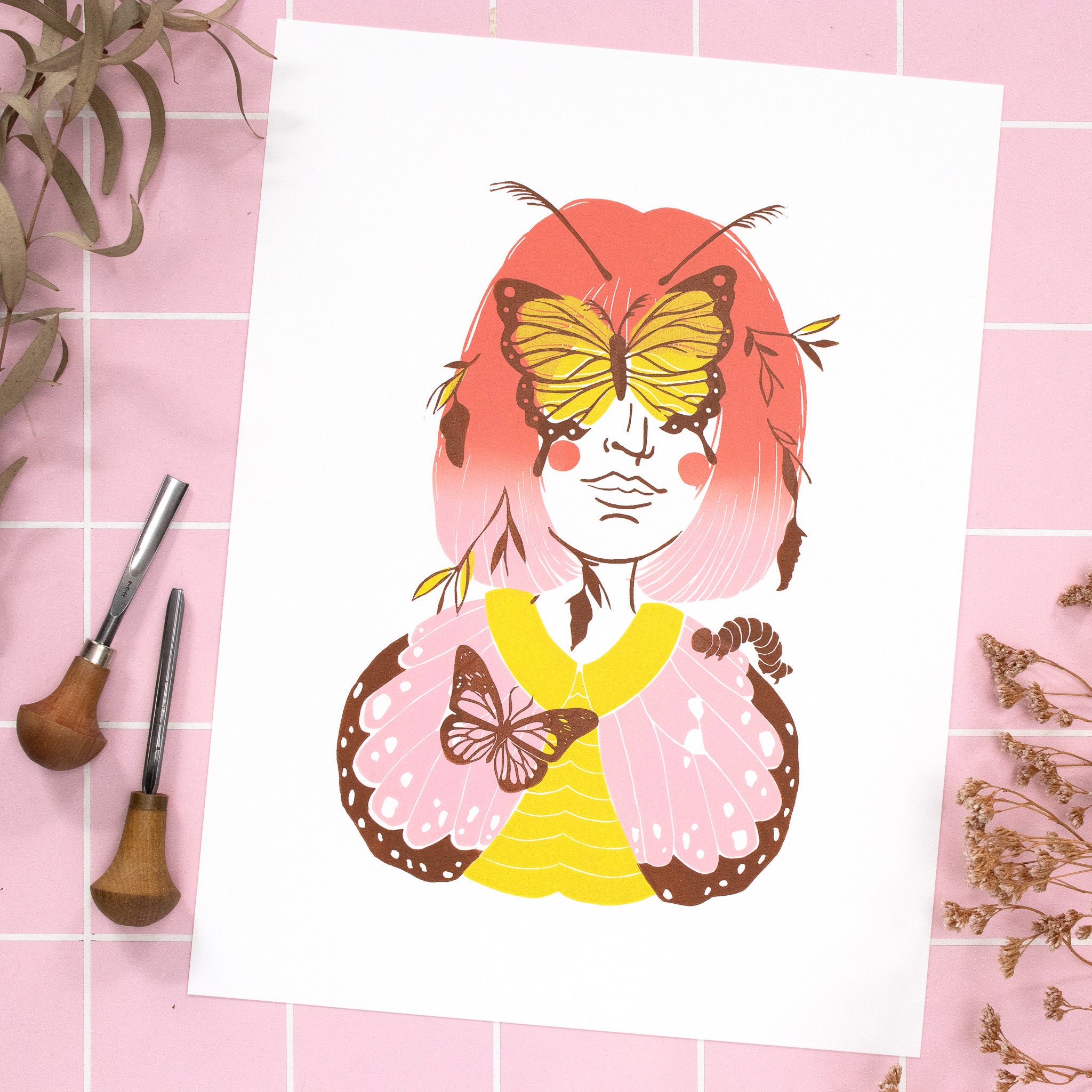 Lino print butterfly moth woman, 30x40 portrait autumn colorful floral, original vintage style linocut insect, entomology girls nursery