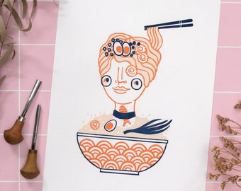 Linoprint Ramen Girl, Japanese Noodle Soup, Sushi Bowl, Japanese Food, Original Linoleum Art, Asian Cuisine, Tokyo Kawaii, Tonkotsu Miso