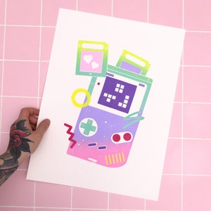 Linocut Print Retro Game Boy, 30x40 wall decoration Memphis style, original art neon and pastel colors, gift for gamers image 4