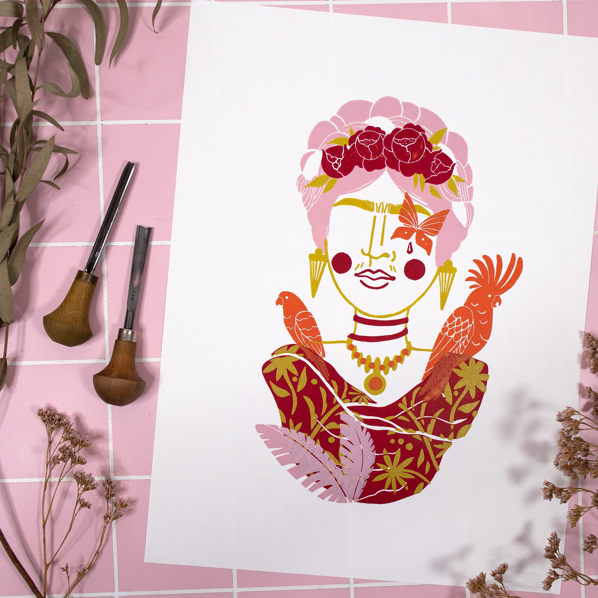 Colorful Linocut Print Frida Kahlo Portrait Hand Printed Lino - Etsy