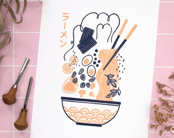 Colorful linocut print ramen noodles, hand printed lino Japanese noodle soup, original linoleum art Japan lovers, dining room