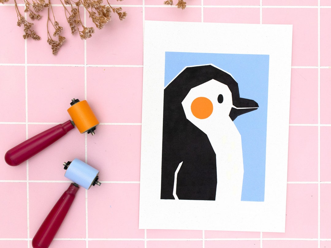 Colorful Linocut Print Penguin Portrait A4, Hand Printed Linoleum Art