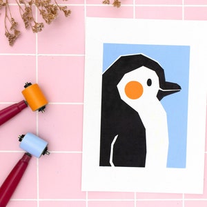 Colorful linocut print penguin portrait A4, hand printed linoleum art for kids, bear wildlife illustration, brightly colored arctic animal