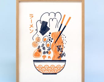 Fideos ramen con impresión en linóleo de colores, sopa de fideos japonesa con impresión en linóleo a mano, arte en linóleo original para amantes de Japón.