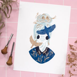 Stampa lino donna uccello invernale, decorazione natalizia invernale, regalo festivo per le donne, stampa originale lino 30x40 per la camera dei bambini