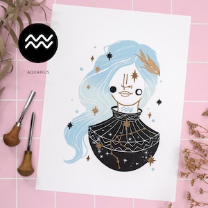 Colorful Aquarius Linocut Portrait – Handmade Zodiac Print, Unique Horoscope Gift & Spiritual Wall Art for Astrology lovers
