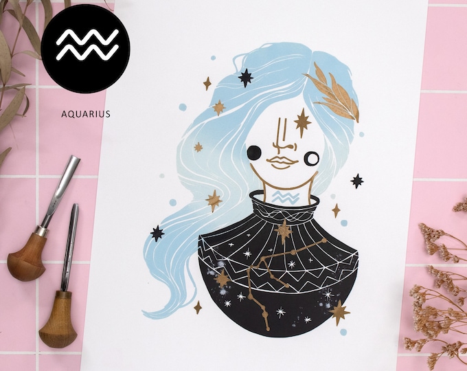 Colorful Aquarius Linocut Portrait – Handmade Zodiac Print, Unique Horoscope Gift & Spiritual Wall Art for Astrology lovers