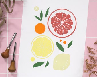 Linocut print lemon orange citrus, abstract tropical fruit illustration, vintage kitchen decor, botanical wall art for garden lovers