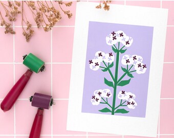 Colourful linocut print Oregano plant, botanical art hand printed with linoleum, A4 size herb print for the kitchen