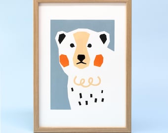 Colorful linocut print polar bear portrait A4, hand printed linoleum art for kids, bear wildlife illustration, brightly colored animals