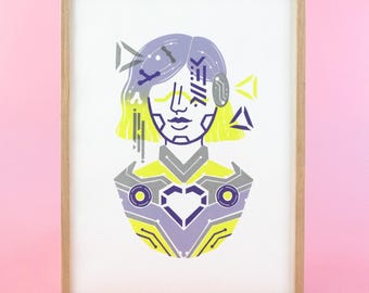 Grabado en linóleo, retrato espacial ciberpunk, grabado en linóleo original impreso a mano, estética ciberfuturista femenina.