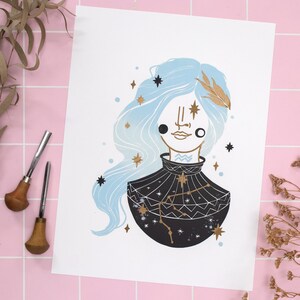 Colorful linoleum print Aquarius zodiac sign portrait, hand printed original linocut, astrology art for horoscope lovers