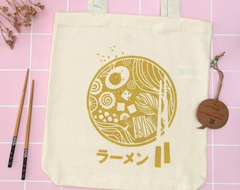 Tote bag ramen bowl, hand printed jute bag with noodle soup, handmade linocut print on bag for lovers of Japan