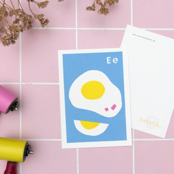Bunter Linoldruck ABC Karte Ei, englische Buchstaben Lernkarte für Kinder, Lernspiel Alphabet, handgedruckter Linolschnitt A6 Format