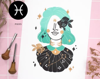 Bunter Linoldruck Sternzeichen Fische – Handgedrucktes Portrait, Esoterische Wanddeko, Horoskop Geschenk für Fische, Spirituelle Kunst