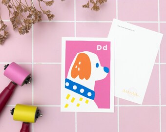 Colorful linocut print ABC card dog, letter learning card for kids, educational flashcard alphabet, hand printed classroom decor A6 size