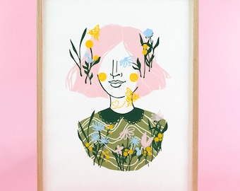 Colorful linocut print wild flowers portrait, hand printed lino flowers, original linoleum art nature lover, floral botany