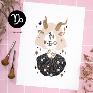 Impression Lino Portrait du signe du zodiaque Capricorne, cadeau créatif pour les amateurs d&#39;horoscope, art astrologique 30 x 40 cm, décoration murale en beige et or
