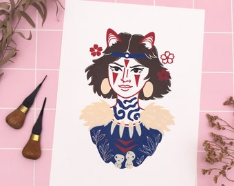 Linoleum print Wolf Princess portrait, hand printed linocut anime movie, original handmade art with linoleum printing plates