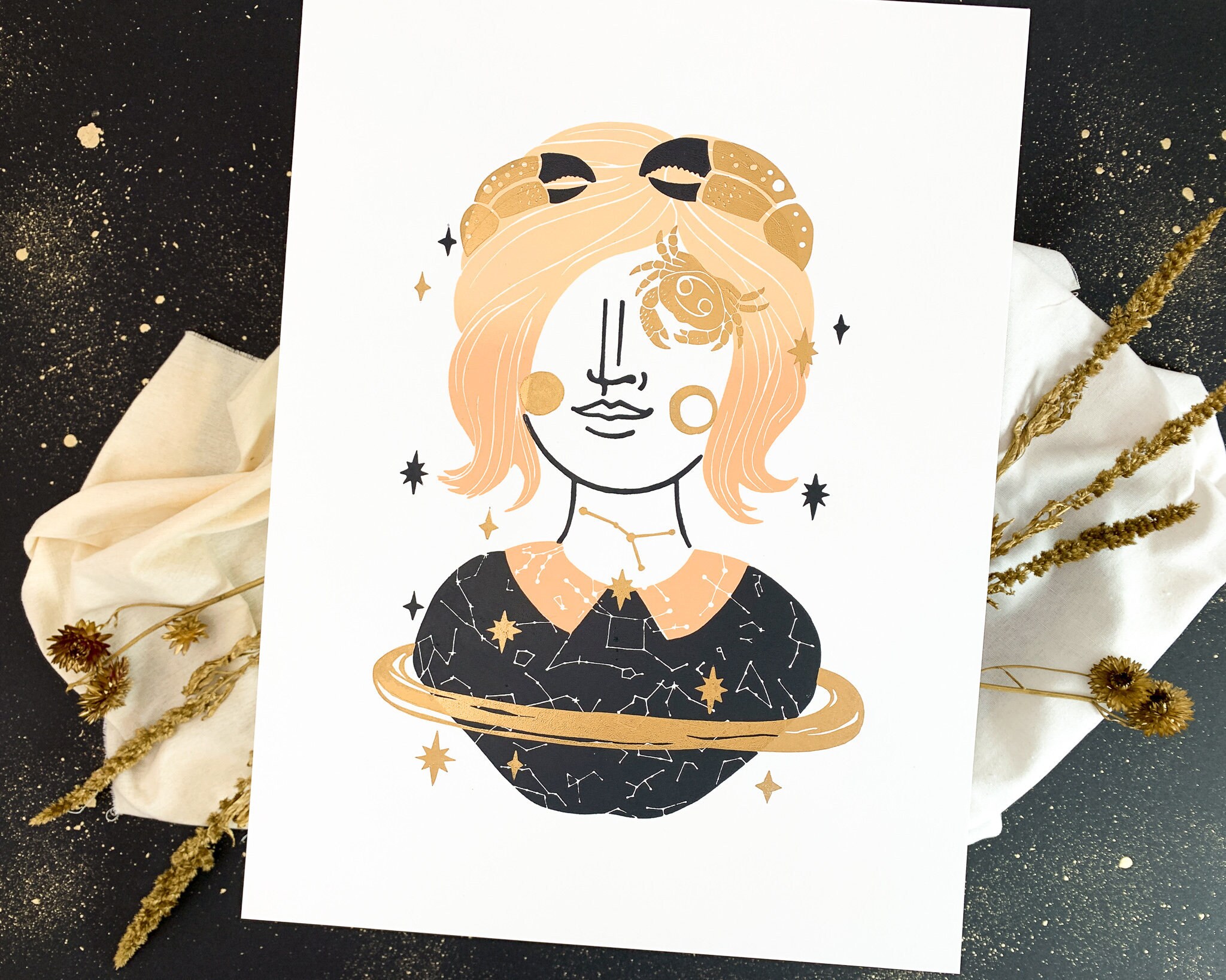Linocutprint Cancer Zodiac Sign Creative Gift For Girls Etsy