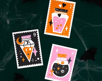 Halloween linocut postcards set, prints with spooky designs framed like a stamp A6 size, love potion, draught of living dead, wolfsbane