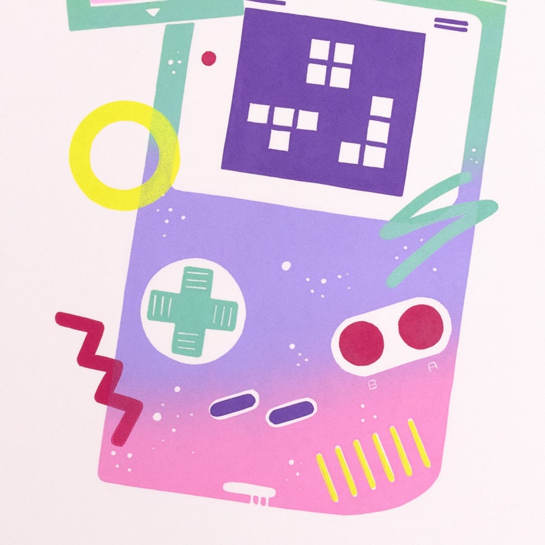 Linoldruck Retro Game Boy, 30x40 Wanddeko Memphis Style, Original Kunst Neon und Pastellfarben Bild 3