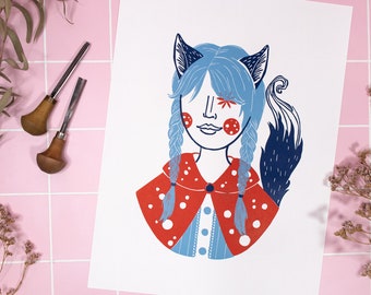 Linoldruck Rotkäppchen Wolf, bunter handgemachter Linolschnitt, Geschenk für Märchen Liebhaber, kreative Wand Deko, Mädchen Portrait
