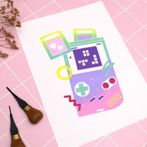 Linocut Print Retro Game Boy, 30x40 wall decoration Memphis style, original art neon and pastel colors, gift for gamers image 6