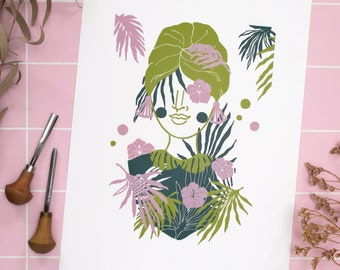 Bunter Linoldruck Dschungel Portrait, handgedruckter Linolschnitt tropische Palmen, Original Linol Kunst floral botanisch