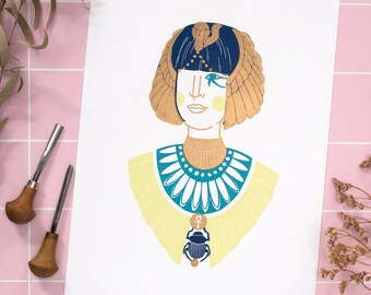 Colorful linocut print Cleopatra portrait, hand printed lino block Egyptian Goddess lady, original linoleum art vintage archeology