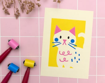 Colorful linocut print cat portrait, hand printed linoleum art for kids, naive pet illustration, brightly colored animals