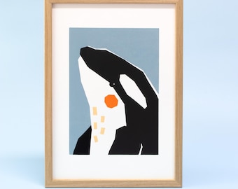 Colorful linocut print orca portrait A4, hand printed linoleum art for kids, killer whale wildlife illustration, brightly colored animals