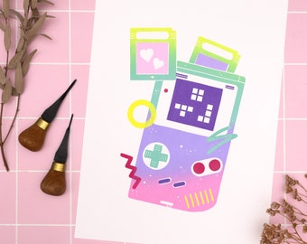 Impresión linográfica Retro Game Boy, 30x40 decoración de pared estilo Memphis, arte original colores neón y pastel Nintendo