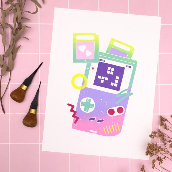 Linocut Print Retro Game Boy, 30x40 wall decoration Memphis style, original art neon and pastel colors, gift for gamers and Nintendo lovers