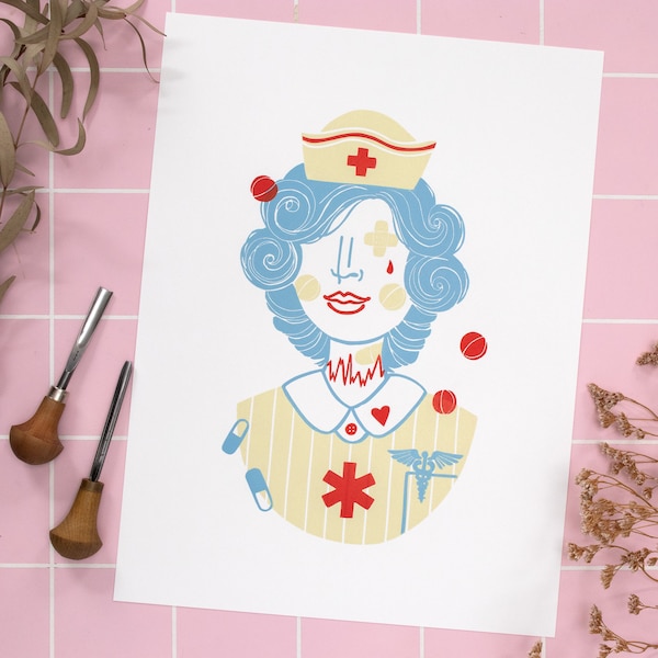 Linoldruck Krankenschwester Portrait, handgedruckten Linolschnitt Ärztin, Original Linol Kunst Hebamme, Florence Nightingale Vintage Look