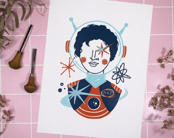 Linoprint space astronaut girl, 30x40 wall decoration portrait rocket retro, original art woman colorful linoleum, space flight universe