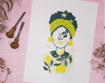 Linocut print lemon girl, yellow citrus tree illustration, vintage fruit kitchen decor, botanical wall art for gardening lovers
