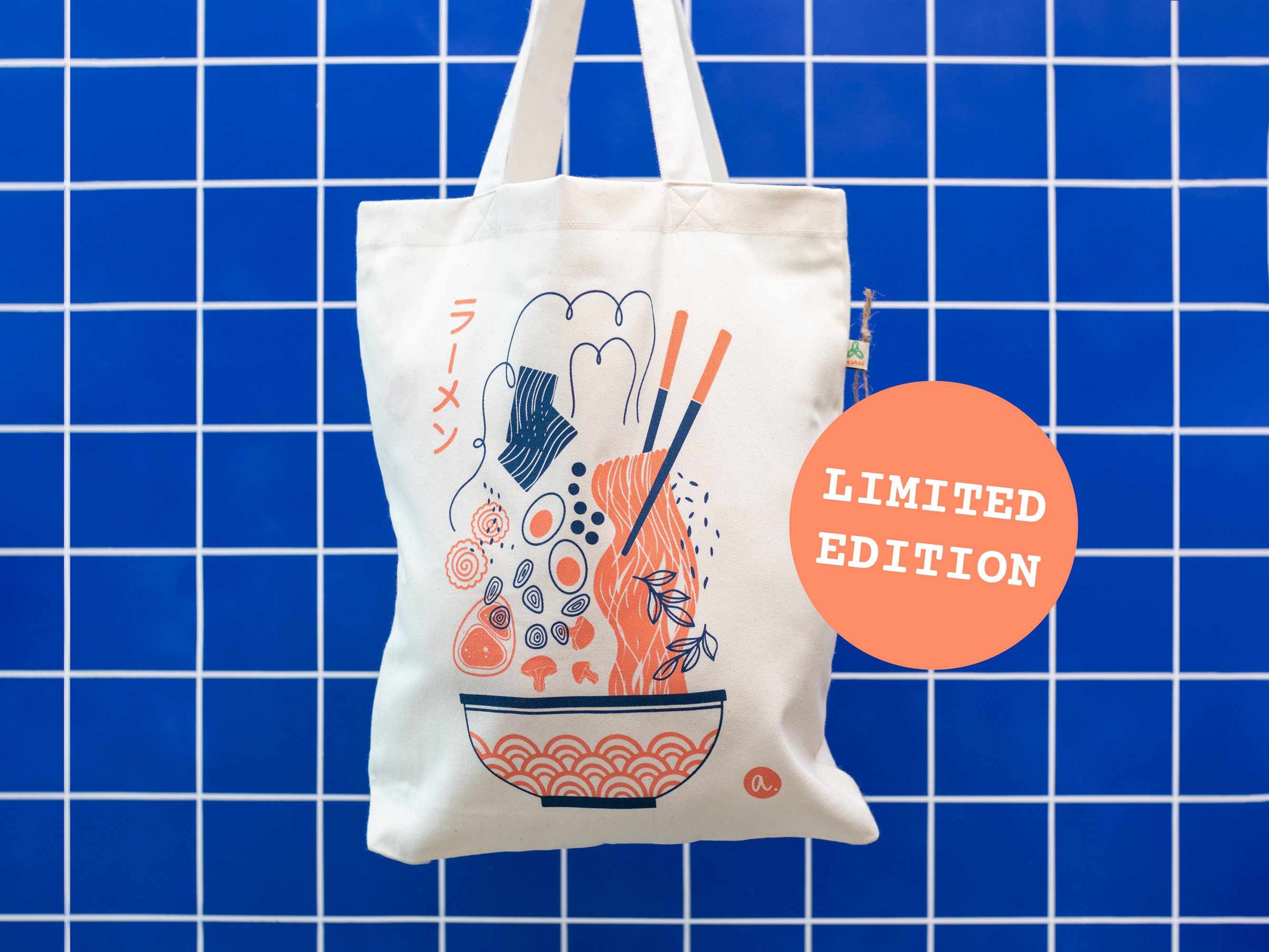 Jute bag Ramen Bowl, colorful screen print on cotton, shopping bag re…
