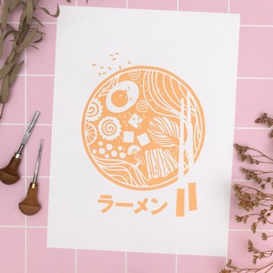 Colorful linocut print ramen noodles, hand printed lino Japanese noodle soup, original linoleum art Japan lovers, dining room