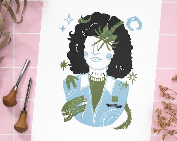 Linoleum print Ellen Ripley portrait, hand printed linocut Alien Xenomorph, original handmade art with linoleum printing plates
