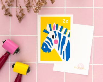 Colorful lino print ABC card zebra, letter learning card for kids, educational flashcard alphabet set, hand printed classroom decor A6 size