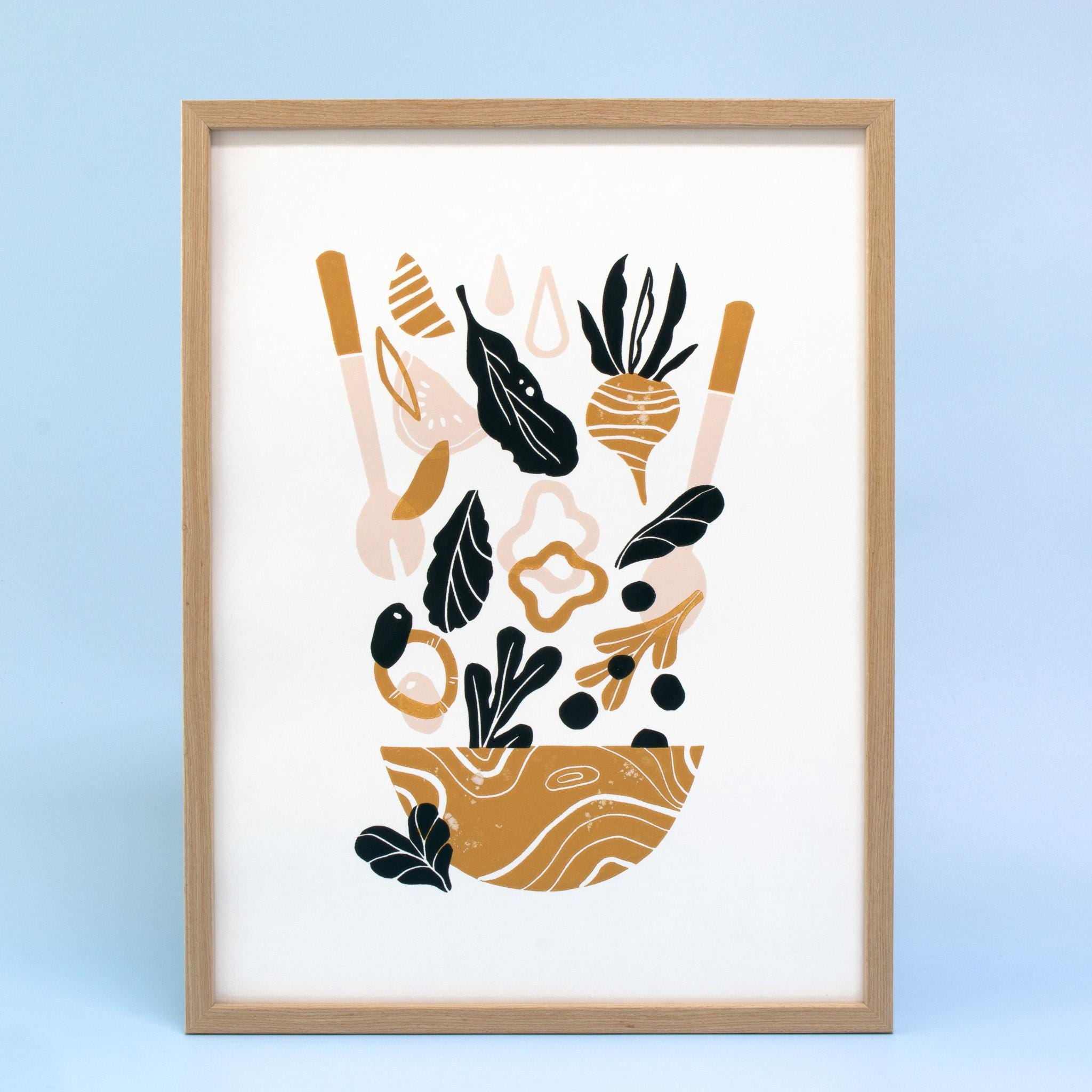 Colorful linocut print salad bowl, hand printed lino showing fresh greens, original linoleum art for veggie lovers dining room