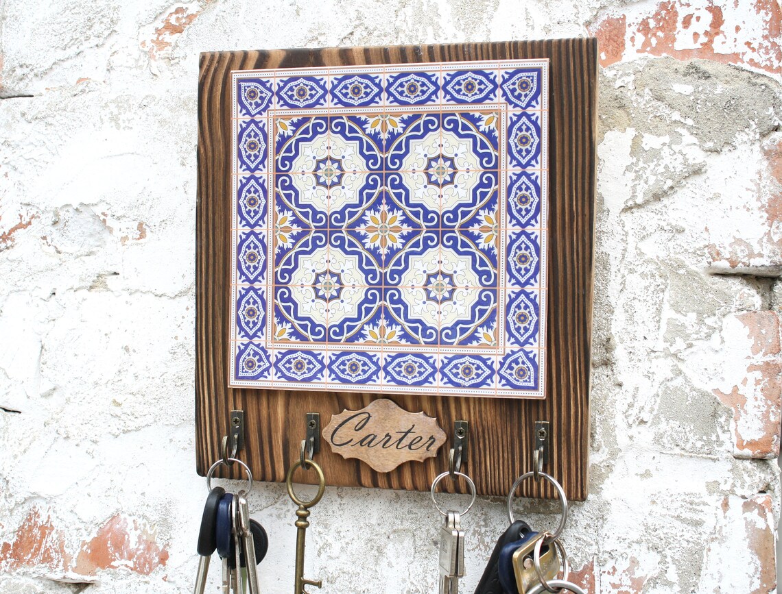 Tile key holder for wall hook rack Blue and white portuguese Etsy