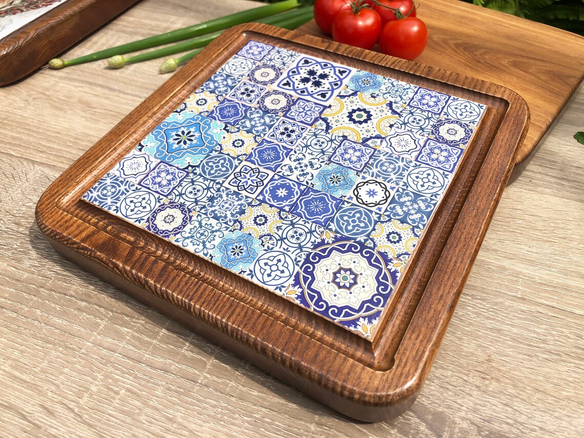 Tile cutting board wooden square cheese board for blue and Etsy