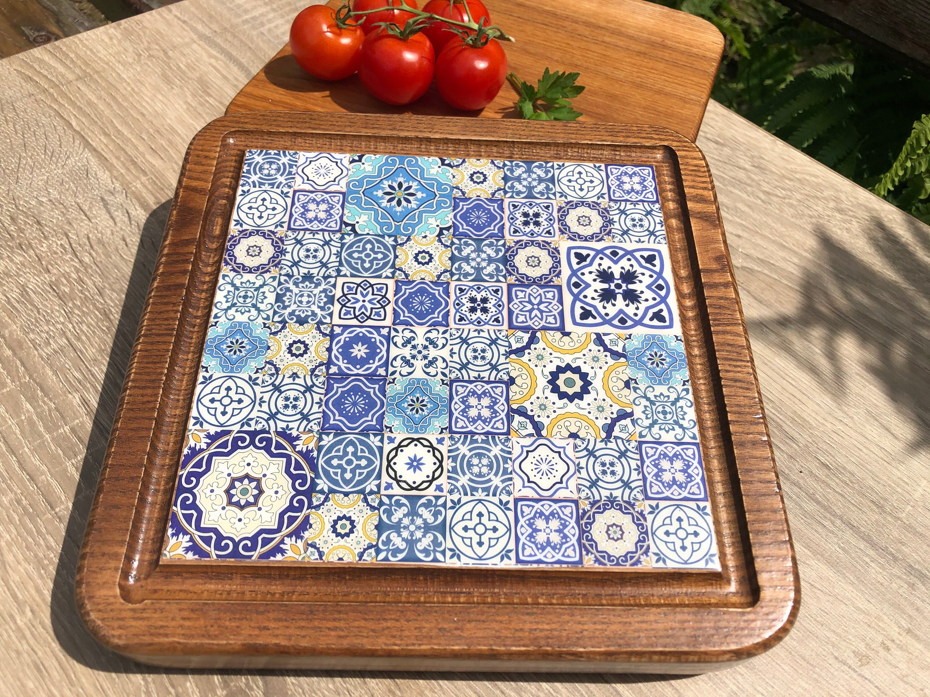 Tile cutting board wooden square cheese board for blue and Etsy