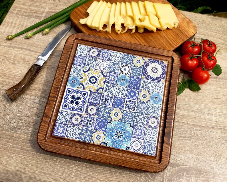 Tile cutting board wooden square cheese board for blue and Etsy