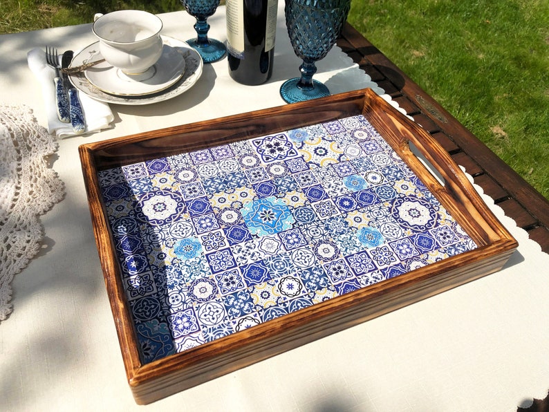 Tile tray Wood serving tray with handles Blue and white Etsy