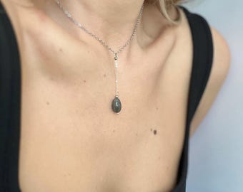 Labradorit Y-Kette: Edelstahl Lariat, Edelstein Tropfen