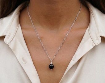 Minimalist Shungite Necklace – Natural Black Stone Pendant on Stainless Steel Chain, Gift
